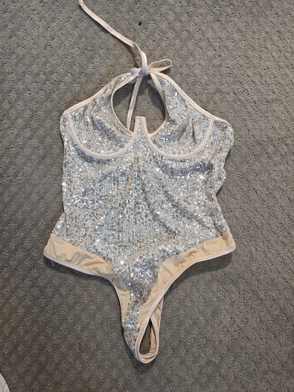 Sequin Halter One-Piece Bodysuit in Silver with Nude Trim